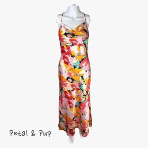 Petal & Pup Open Back Sheer Midi Dress in Pink Floral Glam Party